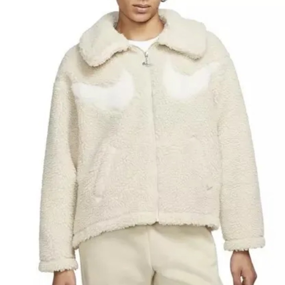 Nike Sherpa Jacket Full Zip Sweater Off White Swoosh Logo NWT Oversized Large XL